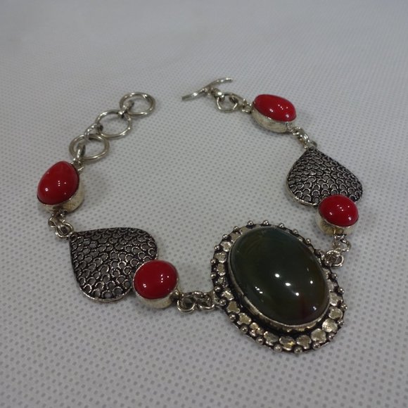Unique "BLOODSTONE AGATE & RED CORAL" Handmade Sterling Bracelet 8.5" #478A - Picture 3 of 3